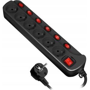 Orno "Multiswitch" Tápegység, 6 db 2P+Z Aljzat, Kábel 3x1,0 m m, 1,5 m HőKapcsoló 10A/230Vac, Fekete