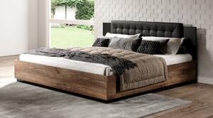 LJUBA ágy kárpitozott fejtámlával - 160x200, tölgyfa lambéria / fekete szupermatt