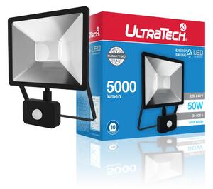 UltraTech LED reflektor mozgásérzékelővel 50W fekete 4000K hidegfehér 5000 lumen IP65 30000 óra FL5000BKPS