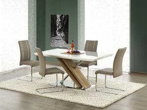 Asztal Houston 217, Fehér, Sonoma tölgy, 76x90x160cm, Edzett üveg, Fém, Közepes sűrűségű farostlemez
