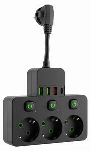 Toolight Toollight, JNH018, 3 foglalatos + 3× USB-A + USB-C elosztó LED lámpával, fekete, OSW-56307