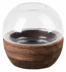 Grace1 07 dekoratív gömb váza üvegből és fából Fehér/barna 18x20 cm
