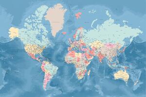 Térkép Light blue and pastels detailed world map, Blursbyai, (40 x 26.7 cm)