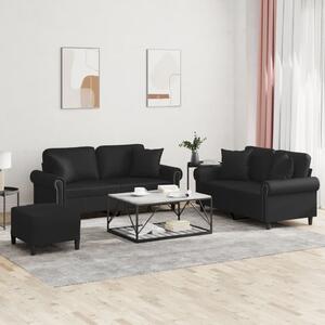 3 részes fekete műbőr ülőgarnitúra párnákkal