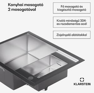 Klarstein TitanSteel, konyhai mosogató 1.5, fő- és mellékmosogatóval, 61 x 50 cm (H x Sz), rozsdamentes acél, karcálló felület, hőálló