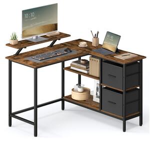 L alakú íróasztal 2 tágas fiókkal, sarokasztal állítható polccal, rusztikus barna