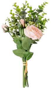 Művirág csokor rózsával, eukaliptusszal és bogyós ágakkal, 33 cm magas - Halvány rózsaszín rózsával