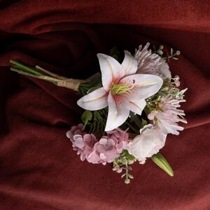 Tearózsa selyemvirág csokor real touch liliommal, 37cm magas, 28cm széles