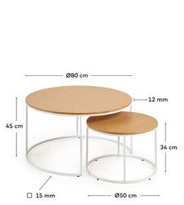 Kerek dohányzóasztal szett tölgyfa dekoros asztallappal, 2 db-os ø 80 cm Yona - Kave Home