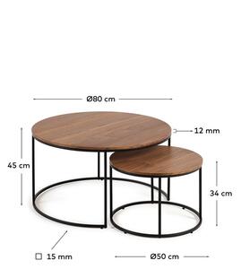 Barna kerek dohányzóasztal szett diófa dekoros asztallappal, 2 db-os ø 80 cm Yona - Kave Home