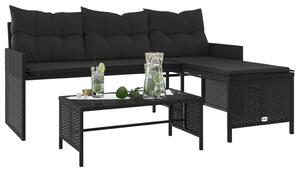 VidaXL L-alakú fekete polyrattan kerti kanapé asztallal és párnával