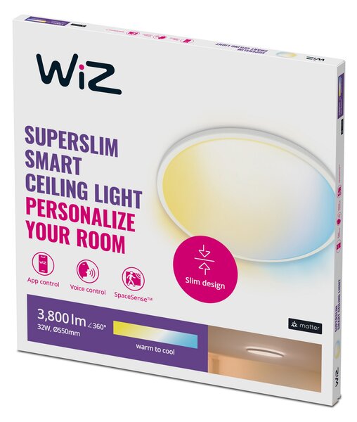 Mennyezeti Lámpa WiZ, SuperSlim, dimmable, Fehér, Nappali, Műanyag, Modern