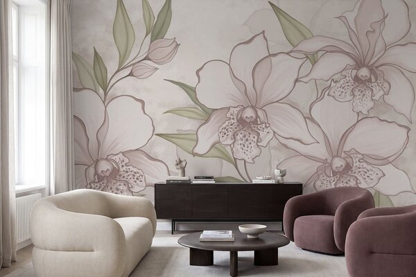 Fotótapéta Halvány orchideák illusztrációja levelekkel bézs háttér előtt, Fotótapéta virágok és növények, w05117 : Uwalls.hu