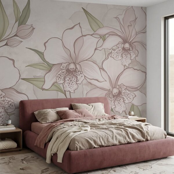 Fotótapéta Halvány orchideák illusztrációja levelekkel bézs háttér előtt, Fotótapéta virágok és növények, w05117 : Uwalls.hu
