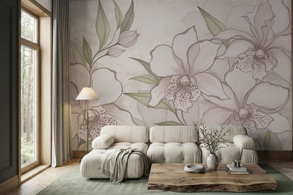 Fotótapéta Halvány orchideák illusztrációja levelekkel bézs háttér előtt, Fotótapéta virágok és növények, w05117 : Uwalls.hu
