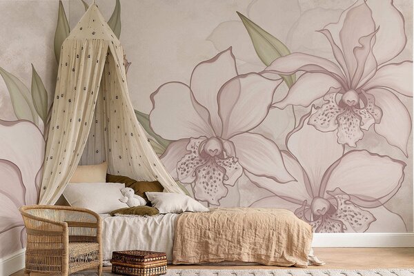 Fotótapéta Halvány orchideák illusztrációja levelekkel bézs háttér előtt, Fotótapéta virágok és növények, w05117 : Uwalls.hu