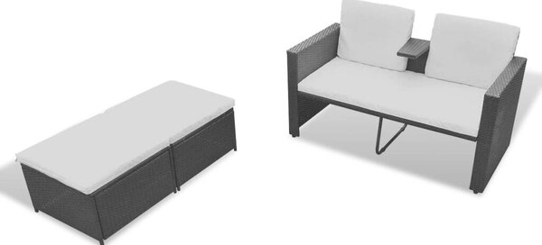 Polyrattan Kertbútor Szett - Fekete Napozóágy 2 Fotellal