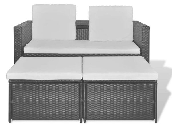 Polyrattan Kertbútor Szett - Fekete Napozóágy 2 Fotellal