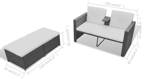 Polyrattan Kertbútor Szett - Fekete Napozóágy 2 Fotellal