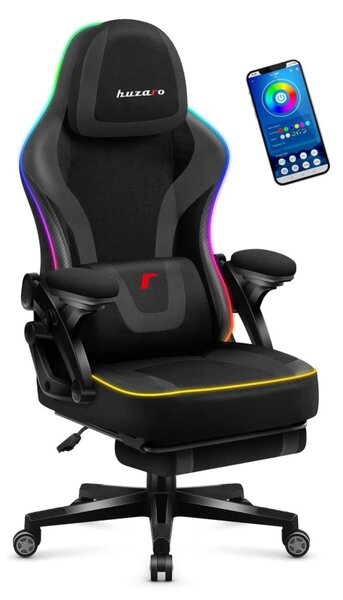 Gamer szék RGB smart , szövet, lábtartó, LED világítással, fekete