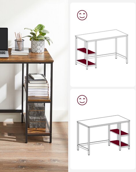 VASAGLE LWD046B01 számítógépes íróasztal 2 polccal vintage barna/fekete ipari design