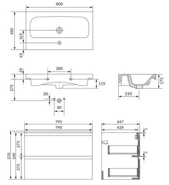 Cersanit Moduo SET, akasztós szekrény 80x45x57 cm + mosogató 80 cm, antracit matt, S801-473-DSM