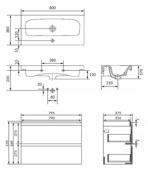 Cersanit Moduo Slim SET, akasztós szekrény 80x38x62 cm + mosogató 80 cm, antracit matt, S801-468-DSM