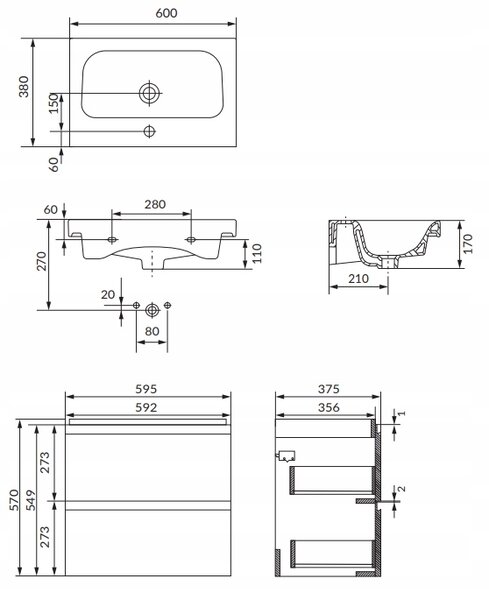 Cersanit Moduo Slim SET, függő szekrény 60x35x62 cm + mosogató 60 cm, antracit matt, S801-469-DSM