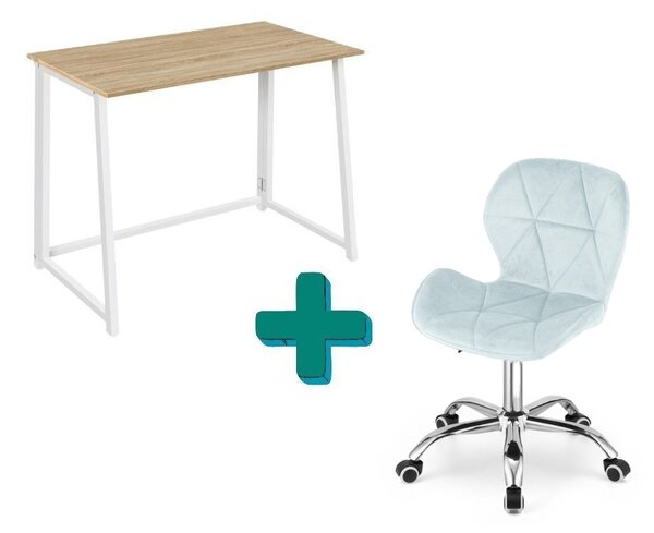 Dolgozószobai szett – összecsukható íróasztal ZARIMO 80×40 cm fehér + irodai szék AVOLA VELVET világoskék