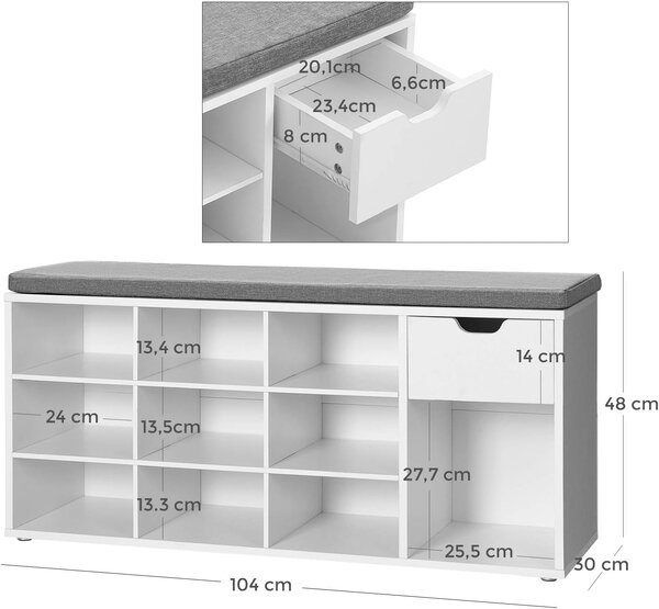 Cipős szekrény paddal, szürke ülőkével és fiókkal WESO WHITE 104x30x48 cm, fehér