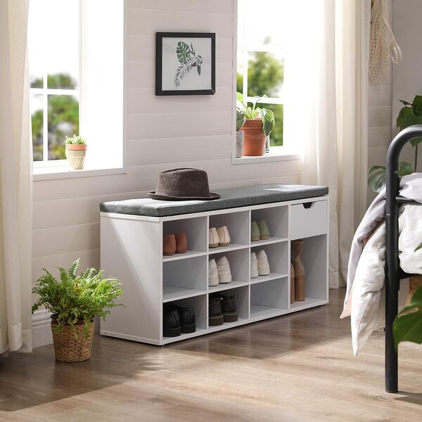 Cipős szekrény paddal, szürke ülőkével és fiókkal WESO WHITE 104x30x48 cm, fehér