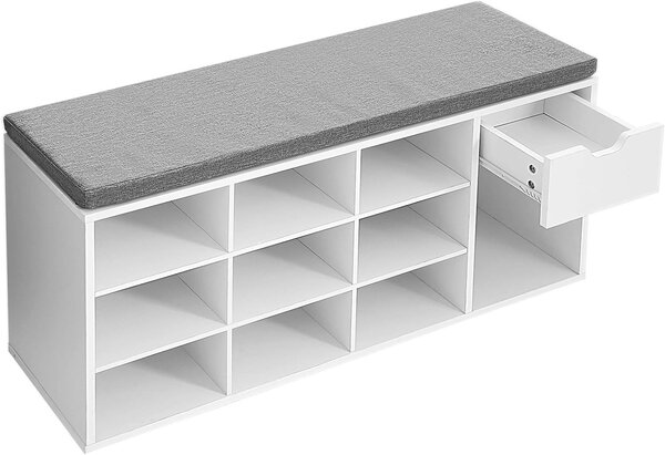 Cipős szekrény paddal, szürke ülőkével és fiókkal WESO WHITE 104x30x48 cm, fehér