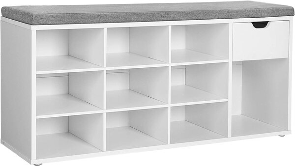 Cipős szekrény paddal, szürke ülőkével és fiókkal WESO WHITE 104x30x48 cm, fehér