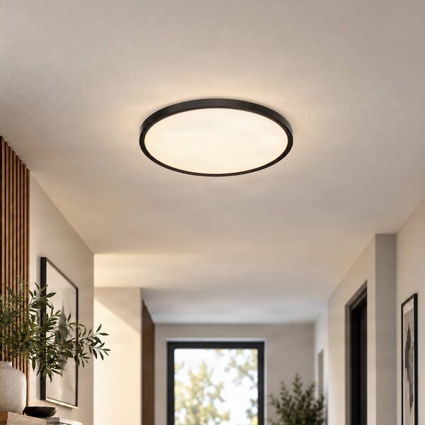 Lindby Smart LED mennyezeti lámpa Pravin, Ø 50 cm, CCT, fekete, dimmelhető, Fekete, Nappali / Étkező, Műanyag, Modern