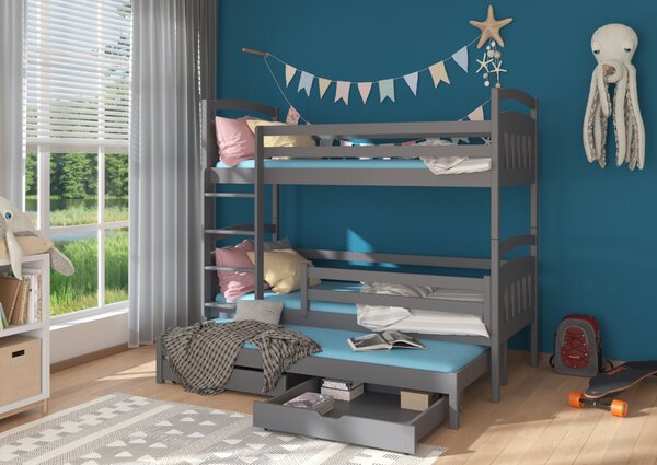 SALDO gyermek emeletes ágy nyomtatással + 3x matrac, 90x200/90x190, szürke