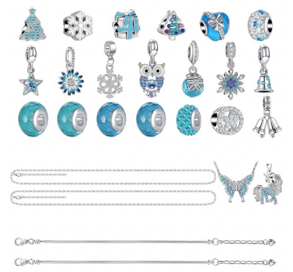 Adventi naptár BLUE DIAMONDS karkötőkkel, láncokkal és medálokkal, kék/ezüst