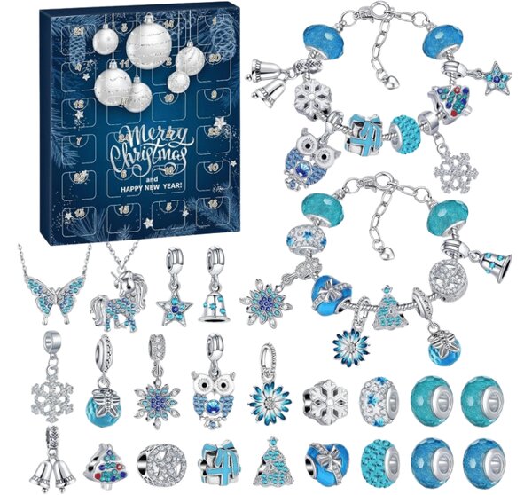 Adventi naptár BLUE DIAMONDS karkötőkkel, láncokkal és medálokkal, kék/ezüst