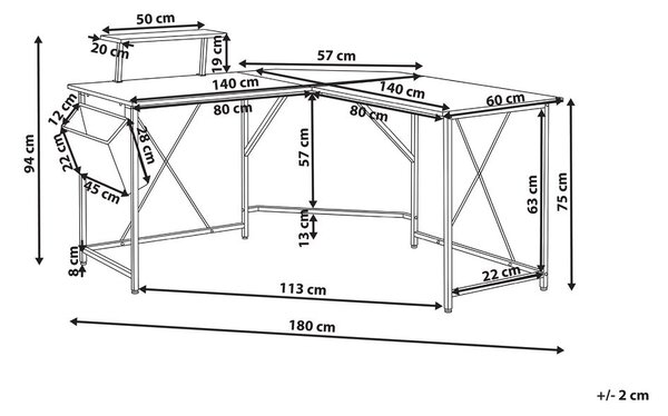 Sarok íróasztal TACONY Fekete 180 cm 140 cm Ágyneműtartóval