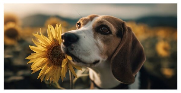 Kép beagle napraforgóval