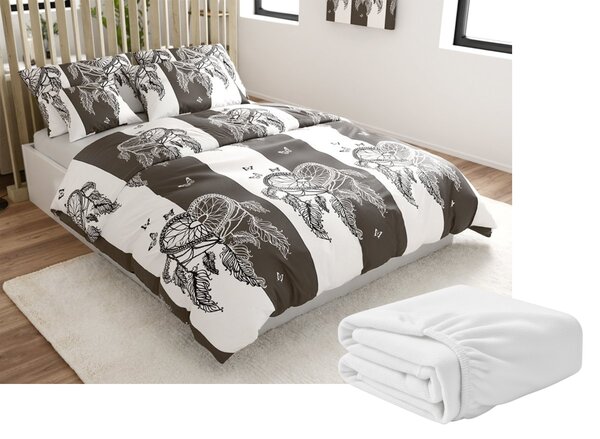Mikroplüss ágyneműhuzat szett TIRSO szürke-fehér + mikroplüss lepedő SOFT 90x200 cm fehér, egyszemélyes ágyra