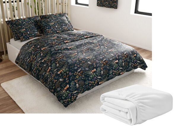 Mikroplüss ágyneműhuzat szett RÓKA ÉS NYÚL sötétzöld + mikroplüss lepedő SOFT 90x200 cm fehér, egyszemélyes