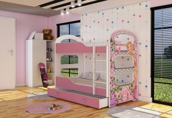 Dětská patrová postel DOMINIK 2, bílá/růžová-vzor LOCIKA, 160x80
