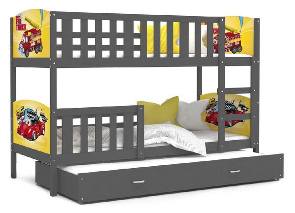 Dětská patrová postel TAMI 3 color s potiskem, 184x80, šedá/vzor D01/H31