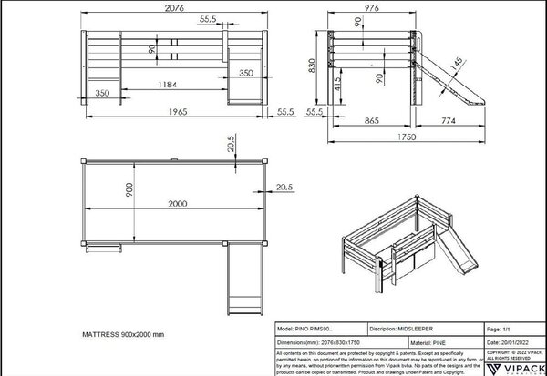 Pino fehér magasított gyerekágy csúszdával, 90 x 200 cm - Vipack