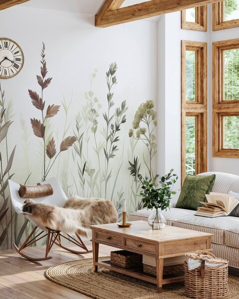 Fotótapéta Magas vadvirágok és magas vadfüvek tompa zöld árnyalatokban, minimalista esztétika, Fotótapéta egyedi, w10084v1 : Uwalls.hu