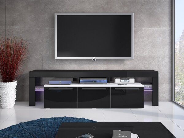 TV-állvány Arbor, Laminált forgácslap, 55x200x45cm, Fényes fekete, Fehér