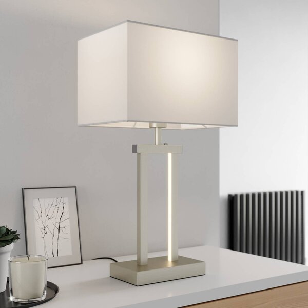 Lindby Sigurd asztali lámpa, fehér, szövet, magasság 54cm, E27, dimmelhető, Alu / szürke / cink, Nappali / Étkező, Textil / szövet / selyem, Modern