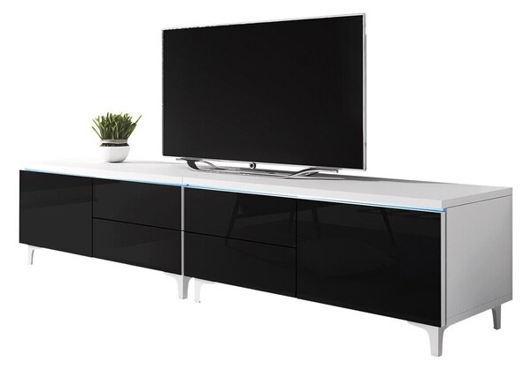 TV-állvány Hortus I, Laminált forgácslap, 43x200x45cm, Fényes fekete, Fehér