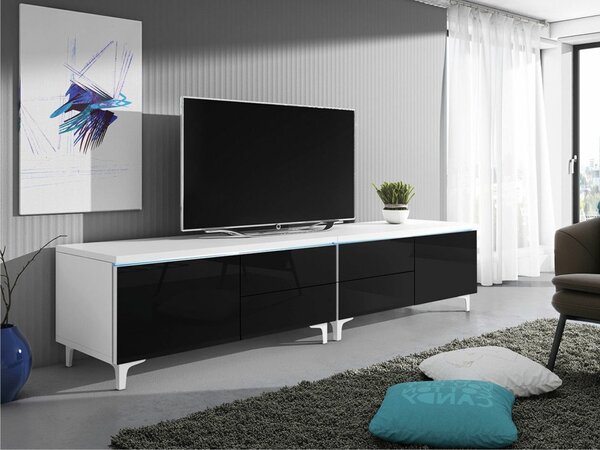 TV-állvány Hortus I, Laminált forgácslap, 43x200x45cm, Fényes fekete, Fehér