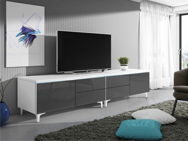 TV-állvány Hortus I, Laminált forgácslap, 43x200x45cm, Fényes szürke, Fehér